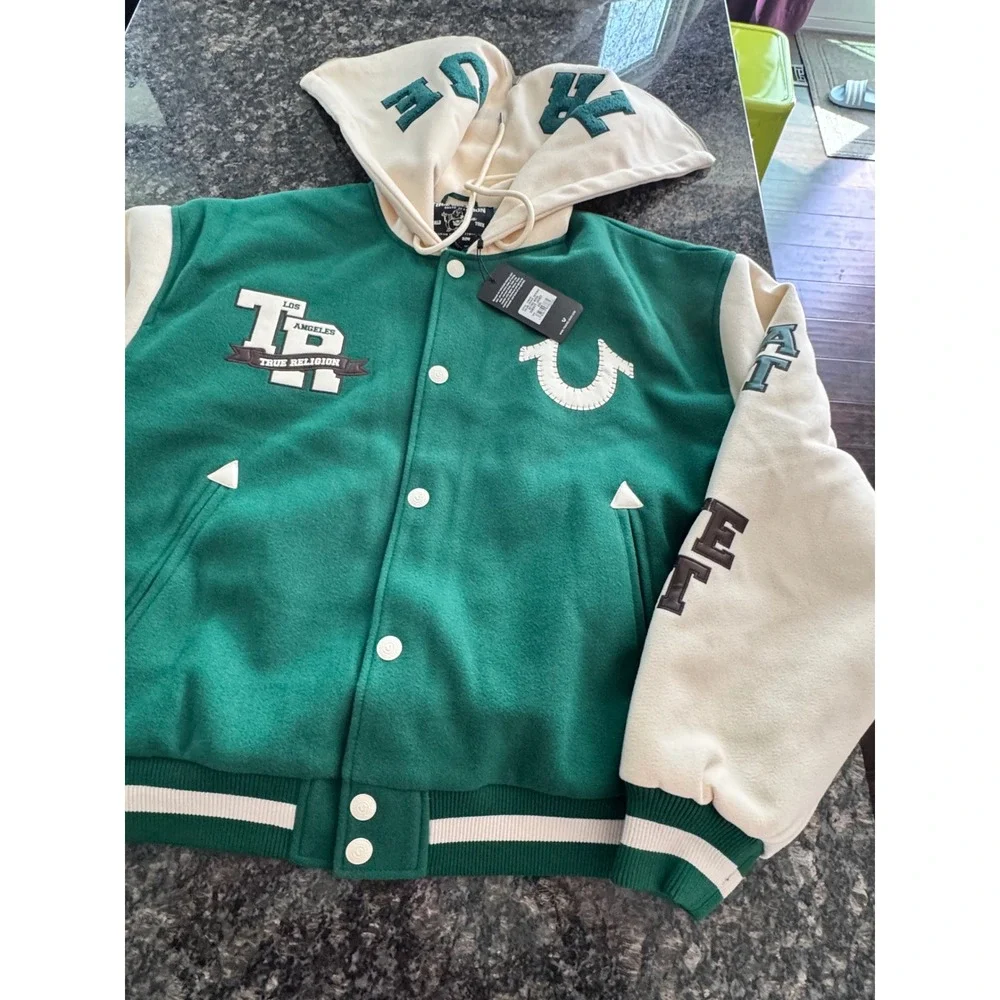 True Religion Retro Wool Varsity Jacket‎ Evergreen Winter White XXL 109636 NEW
